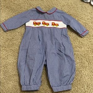 Boys navy and white smocked romper